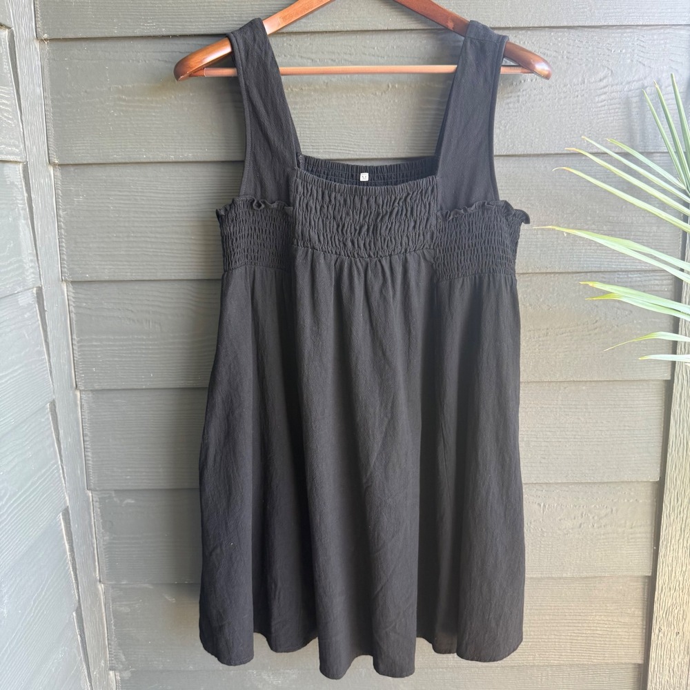 Black Cotton Smocked Babydoll Mini Dress Sleeveless Cottagecore Size M
